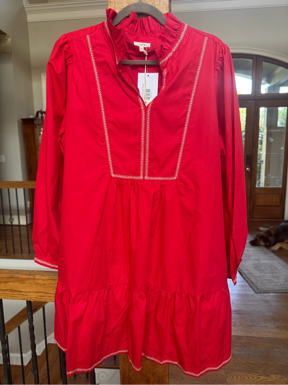 JODIFL Red Ruffled Neck Tiered Babydoll Mini Dress L - Picture 2 of 5